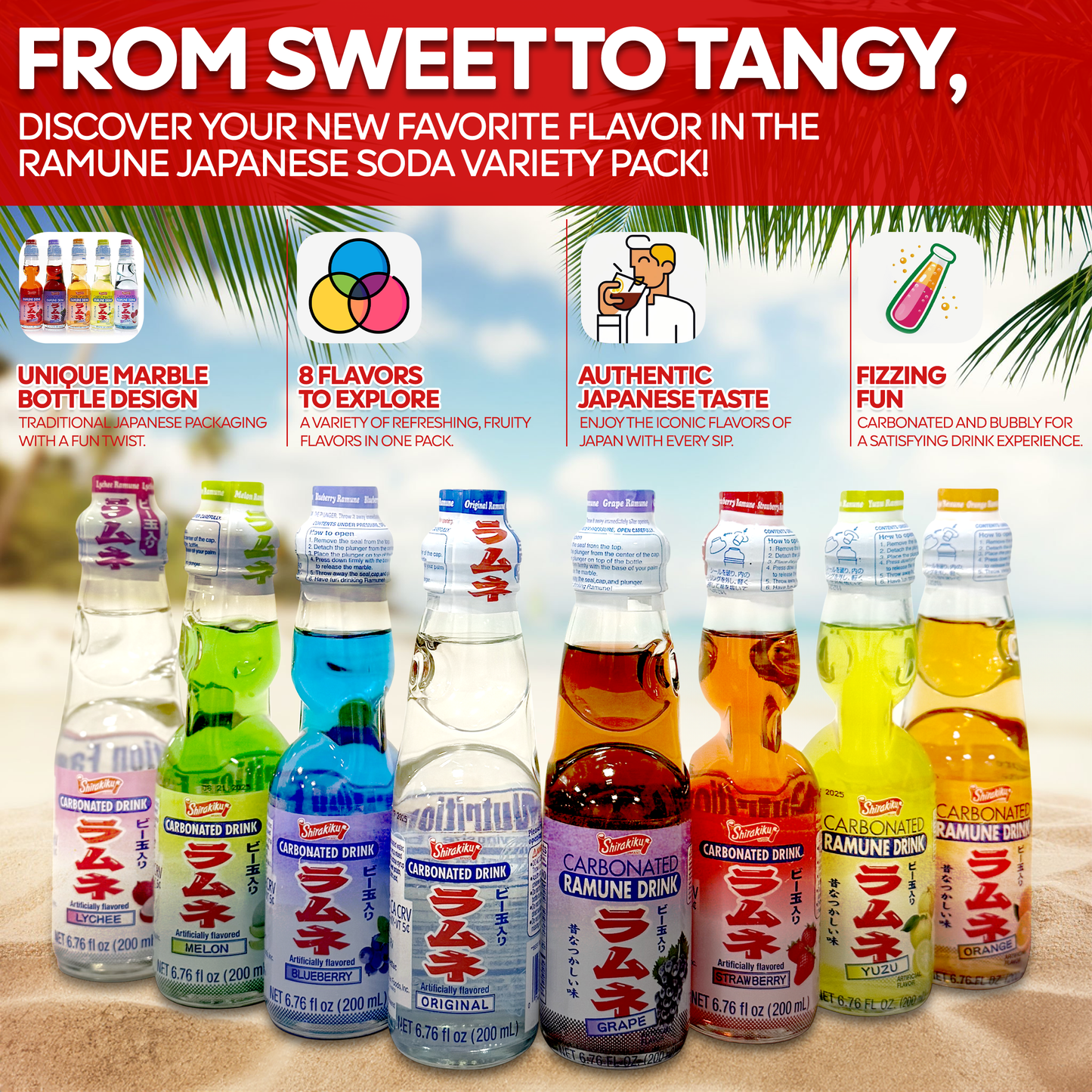 Ramune Japanese Drinks Variety Pack (8 Flavors)